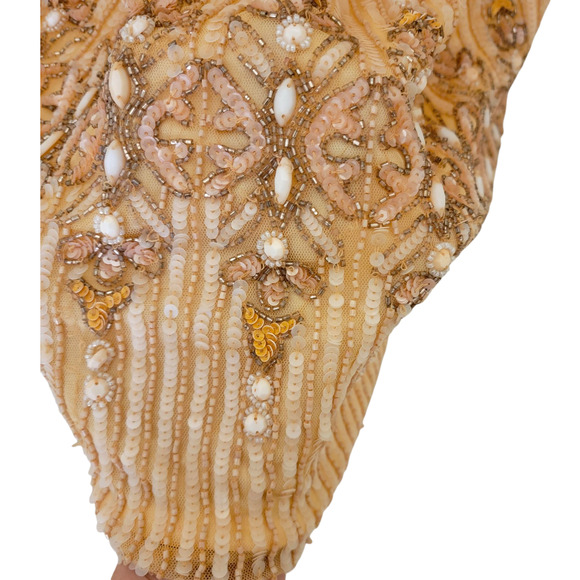 Mac Duggal 5576 Peach 18 Sequin Beaded Long Sleeve High Neck Midi Evening Dress - Picture 11 of 13